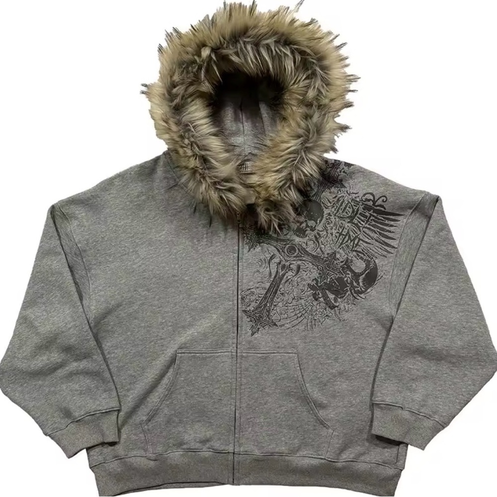 Y-3 Gray Zip-Up Sweater with Faux Fur Hood